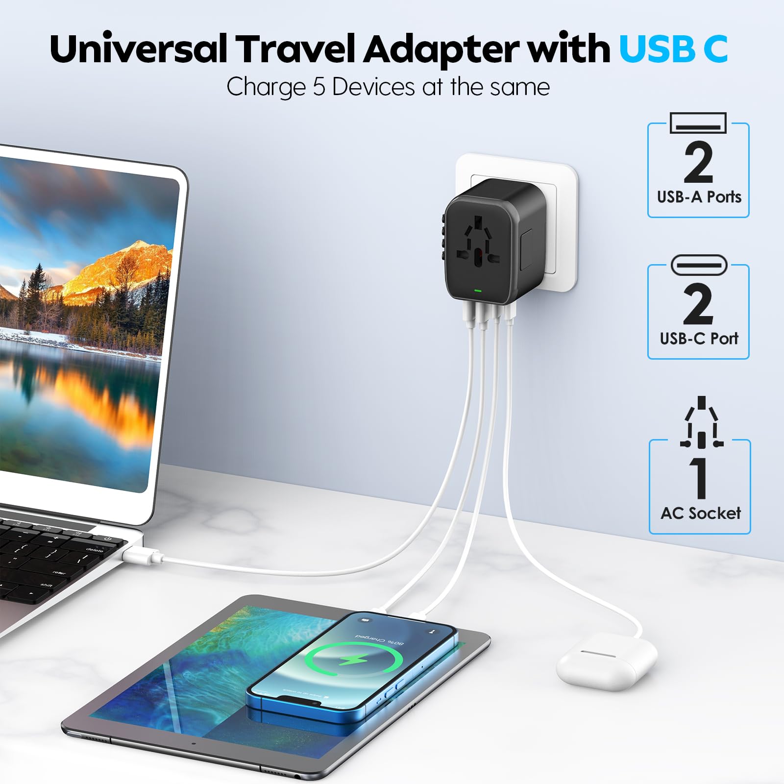 Jmfone International Travel Adapter 2 Usb C & 2 Usb A Ports And Multi Ac Sockets,Universal Power Adapter Worldwide All In One Hi